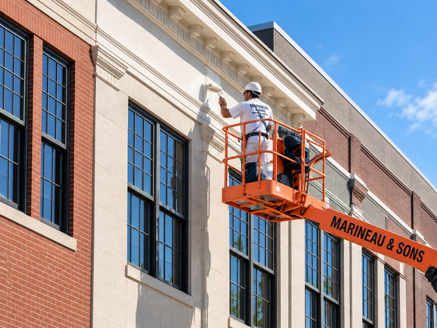 Painter in a lift painting the exterior of a commercial building