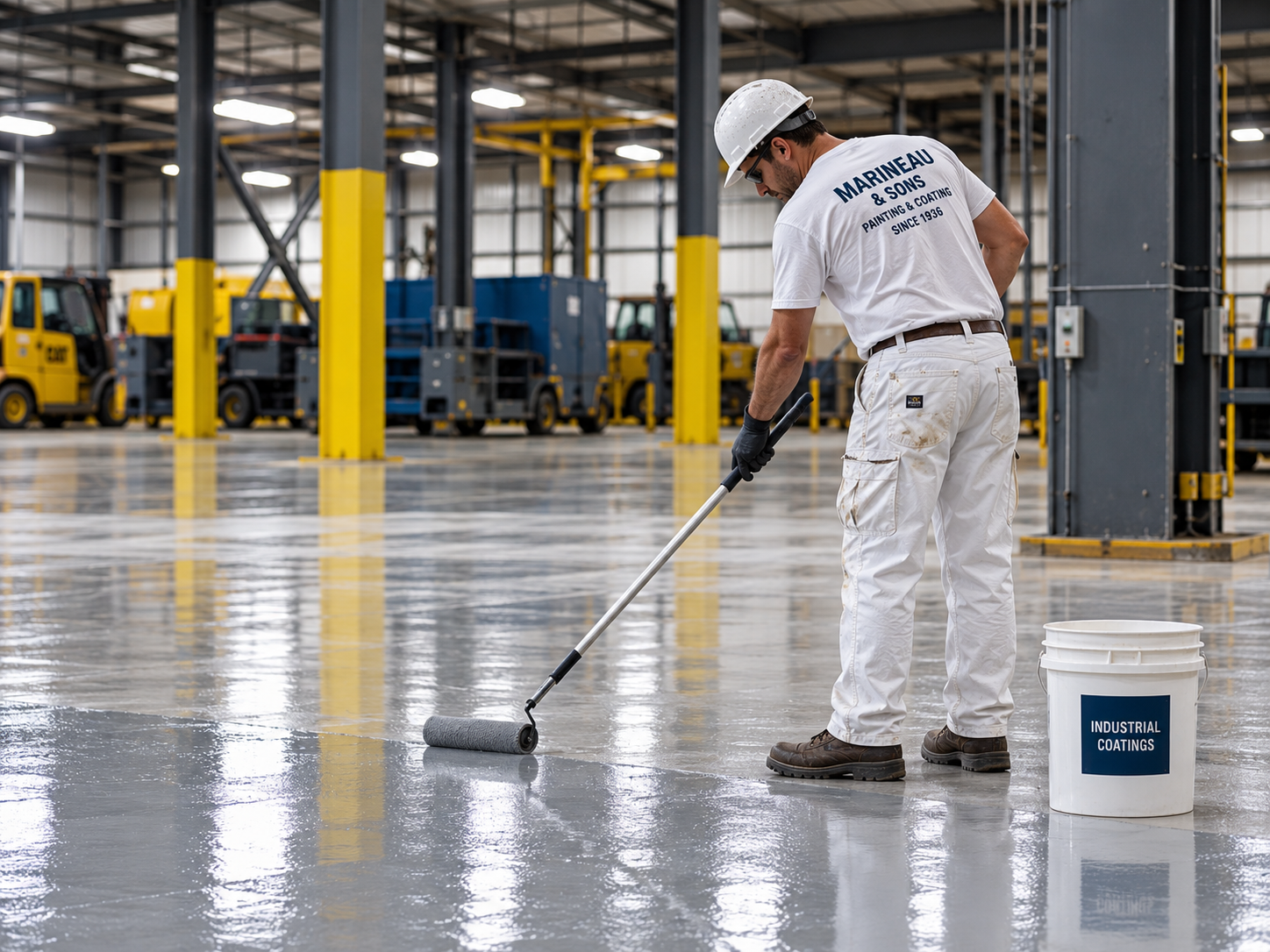 Painter rolling industrial coating onto the floor